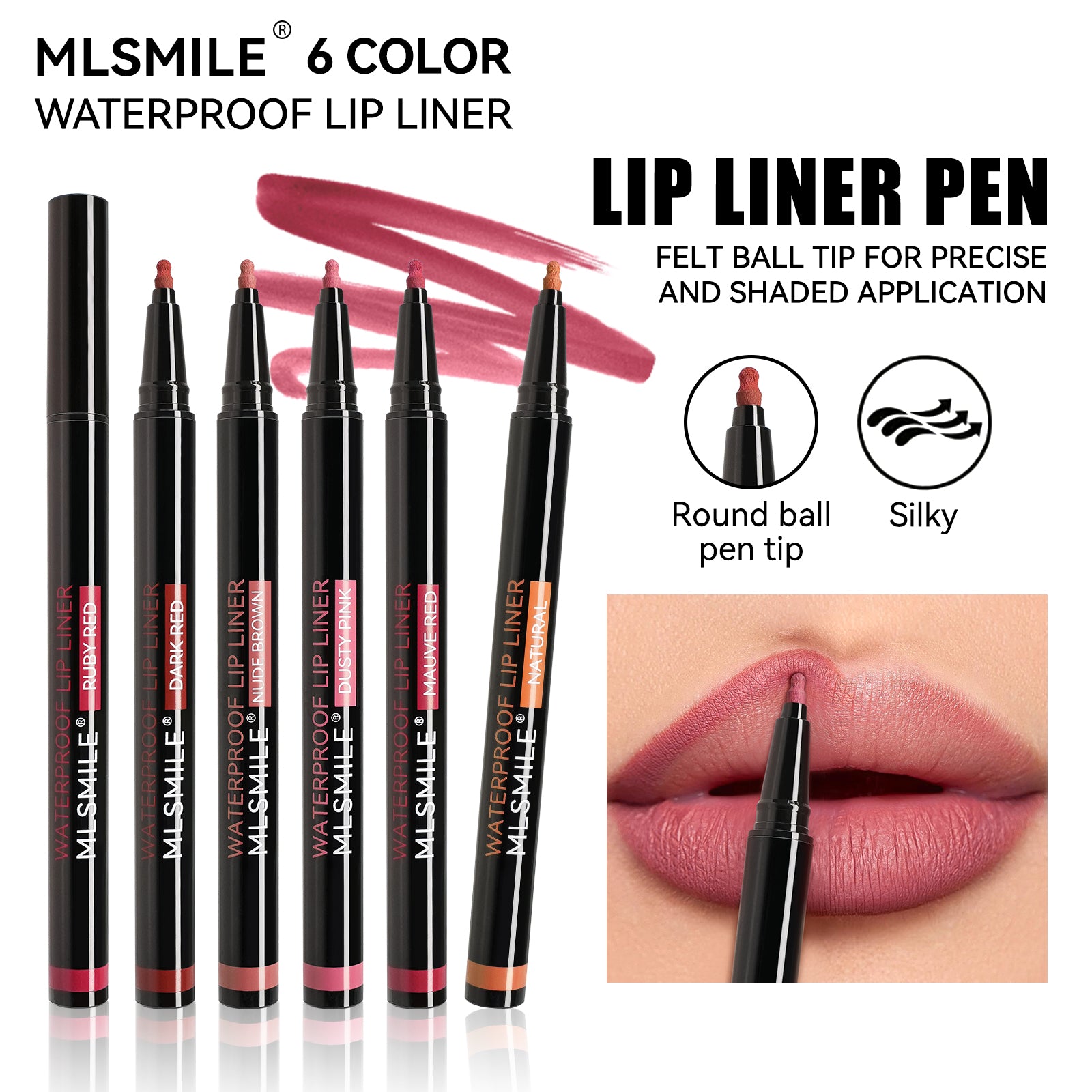 MLSMILE 6 Colors Waterproof Lip Liner Pen, Ultra Fine Precision Felt Ball Tip Long Lasting Matte Lip Outline Pencil
