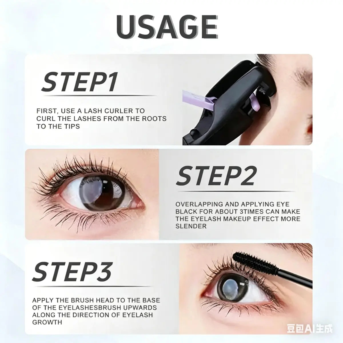 Lengthening Mascara—delivers lengthening, curling, and volumizing effects for fluffy, clump-free lashes; features a lightweight, smudge-proof, and transfer-resistant formula; prevents "spidery" clumps; cruelty-free and paraben-free.