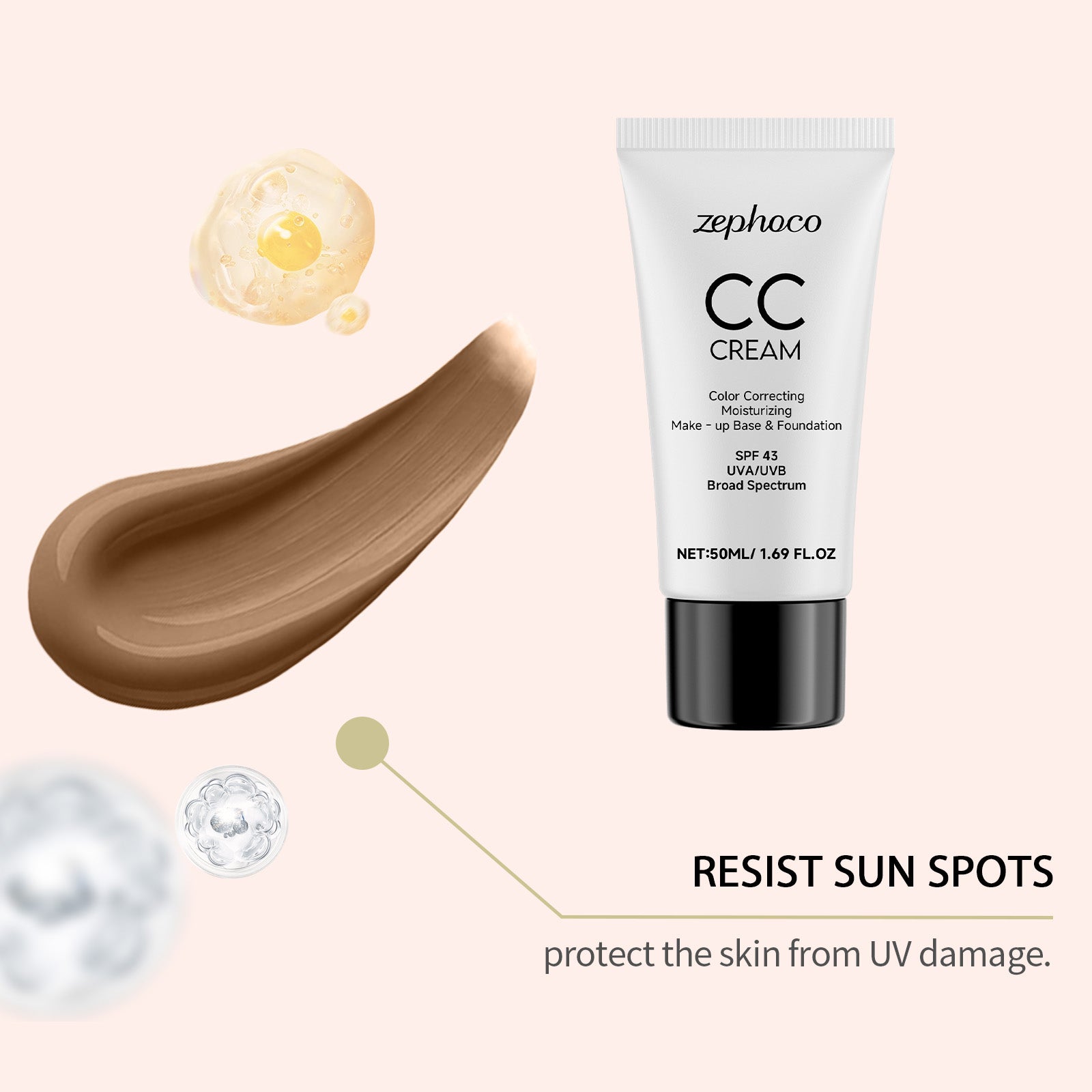 SPF43 Broad Spectrum CC Cream Color Correcting Moisturizing Foundation Primer, Long Lasting Even Skin Tone Sunscreen Makeup Base