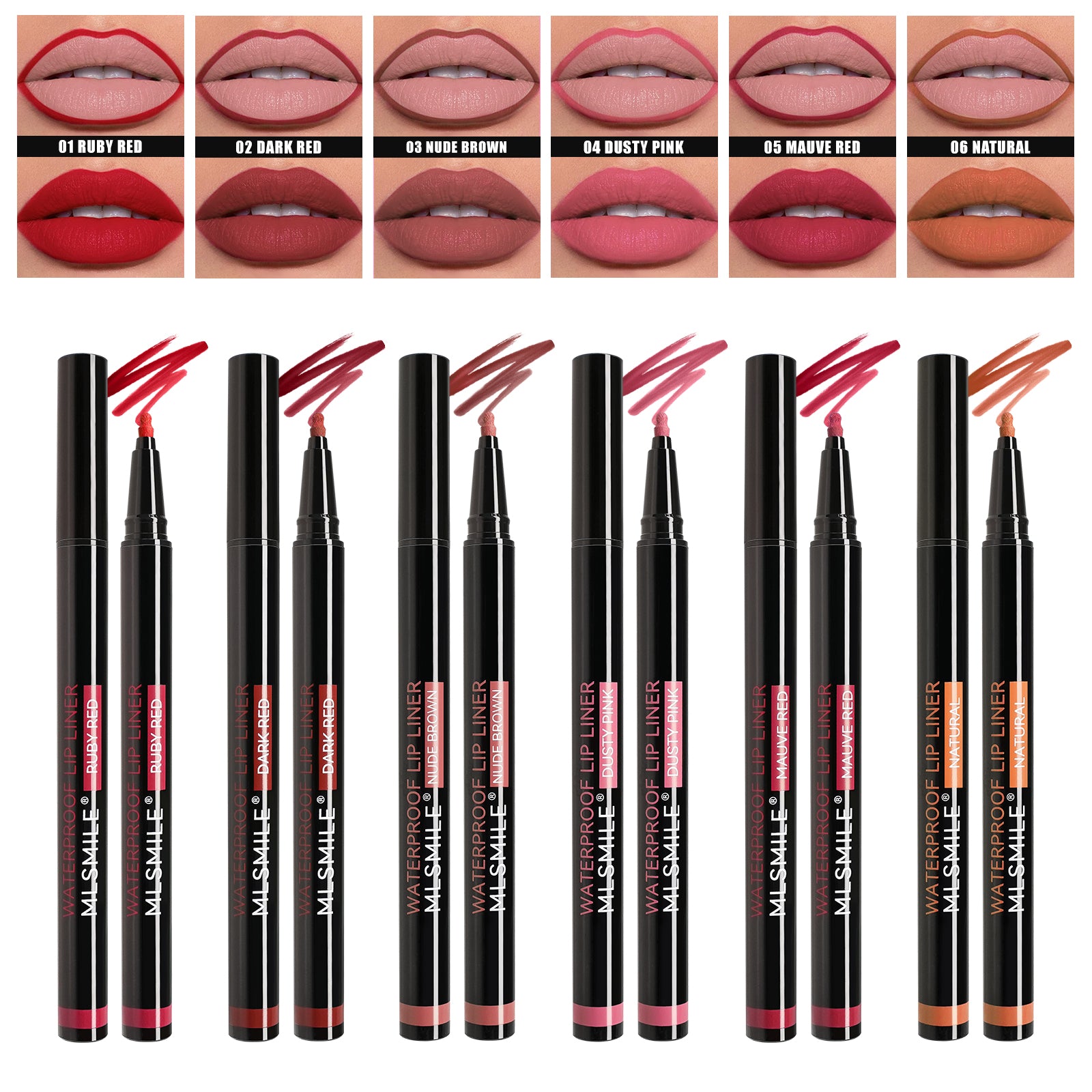 MLSMILE 6 Colors Waterproof Lip Liner Pen, Ultra Fine Precision Felt Ball Tip Long Lasting Matte Lip Outline Pencil