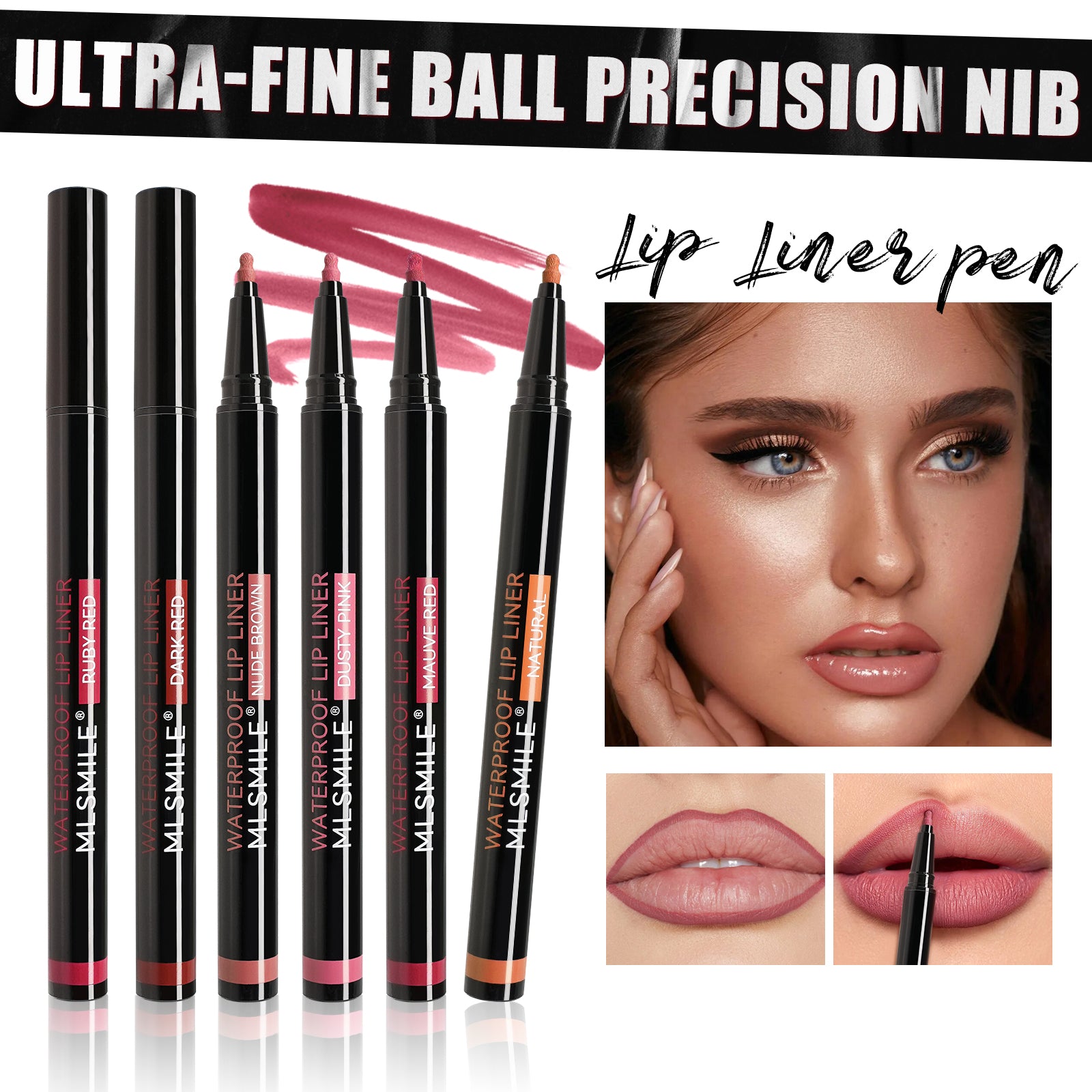 MLSMILE 6 Colors Waterproof Lip Liner Pen, Ultra Fine Precision Felt Ball Tip Long Lasting Matte Lip Outline Pencil