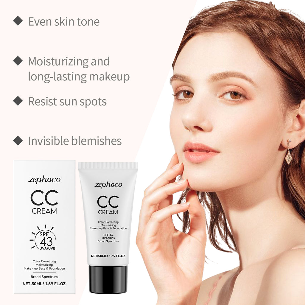 SPF43 Broad Spectrum CC Cream Color Correcting Moisturizing Foundation Primer, Long Lasting Even Skin Tone Sunscreen Makeup Base