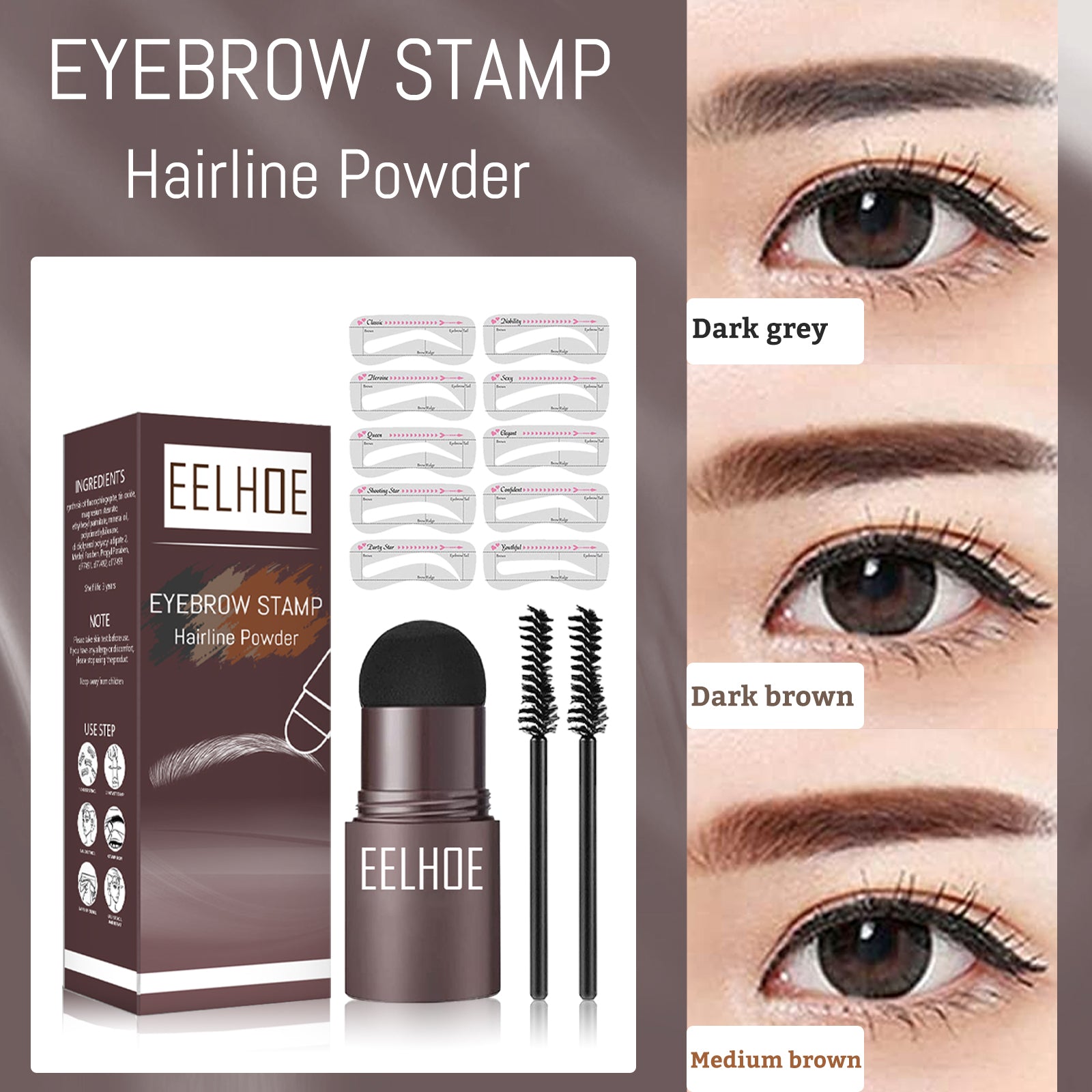 EELHOE Dark Brown One Step Eyebrow Stamp, Waterproof Long Lasting Brow & Hairline Filling Powder, Natural Fluffy Wild Eyebrow Makeup For Sparse Brows