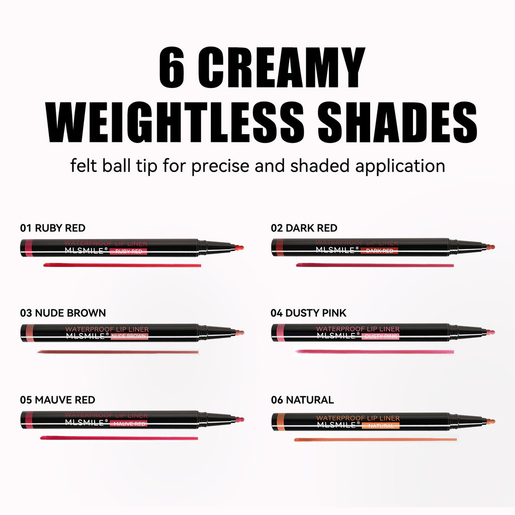 MLSMILE 6 Colors Waterproof Lip Liner Pen, Ultra Fine Precision Felt Ball Tip Long Lasting Matte Lip Outline Pencil