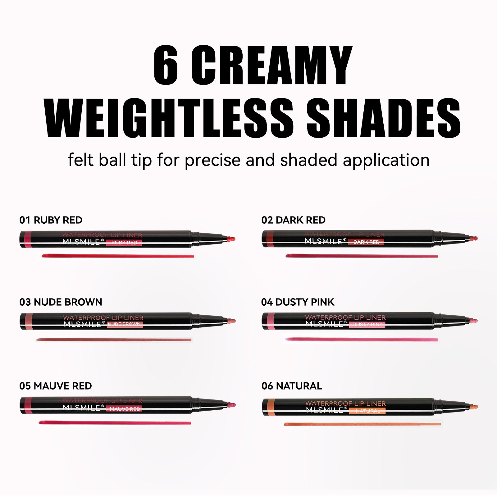 MLSMILE 6 Colors Waterproof Lip Liner Pen, Ultra Fine Precision Felt Ball Tip Long Lasting Matte Lip Outline Pencil