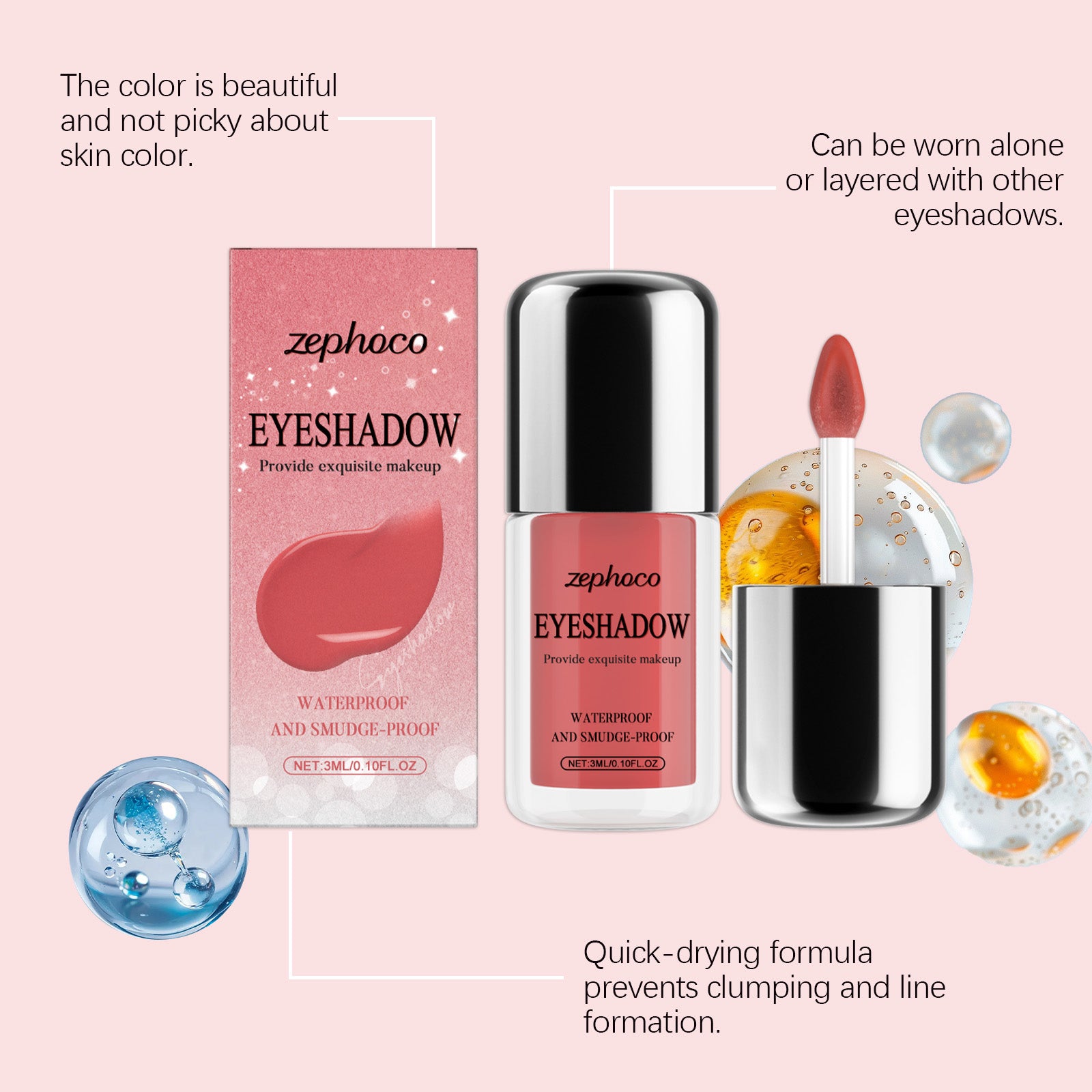 Ephoco Shimmer Liquid Eyeshadow #Peach Pink, Waterproof Smudge-Proof Quick Dry Hydrating Daily Eye Tint
