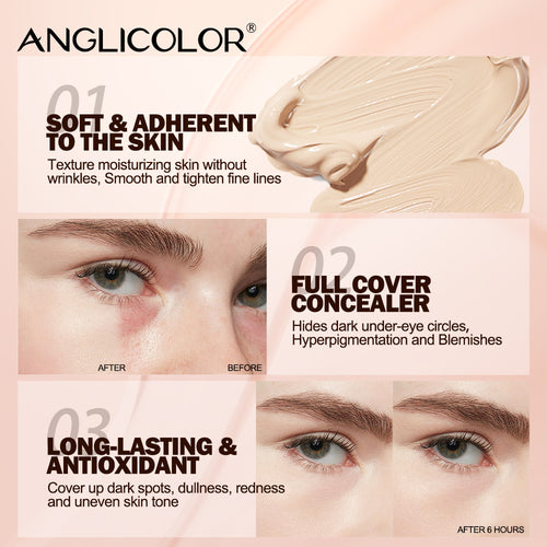 ANGLICOLOR All Over Eye Concealer, Full Coverage Waterproof Under Eye Concealer for Dark Circles, Blemishes & Hyperpigmentation, 3 Shades Long Lasting Hydrating Color Corrector