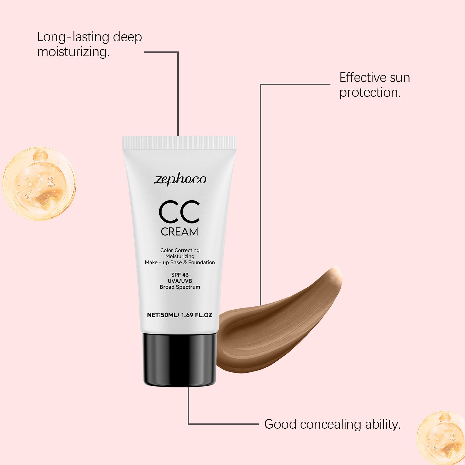 SPF43 Broad Spectrum CC Cream Color Correcting Moisturizing Foundation Primer, Long Lasting Even Skin Tone Sunscreen Makeup Base