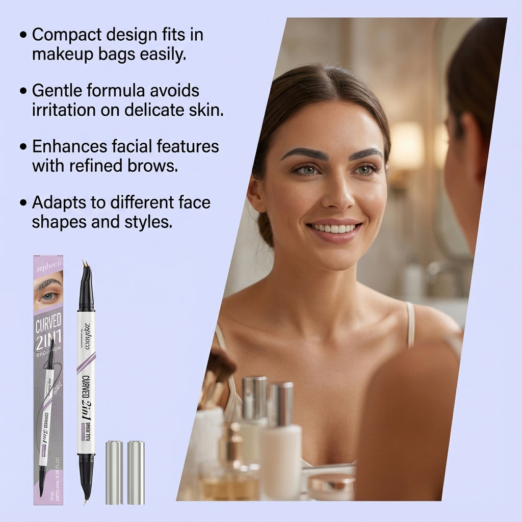 Zephoco Curved 2 In 1 Brow Pen, Dual Tip Micro Eyebrow Pen Waterproof Smudge Proof, Long Lasting Natural Hair-Like Eyebrow Makeup for Beginners