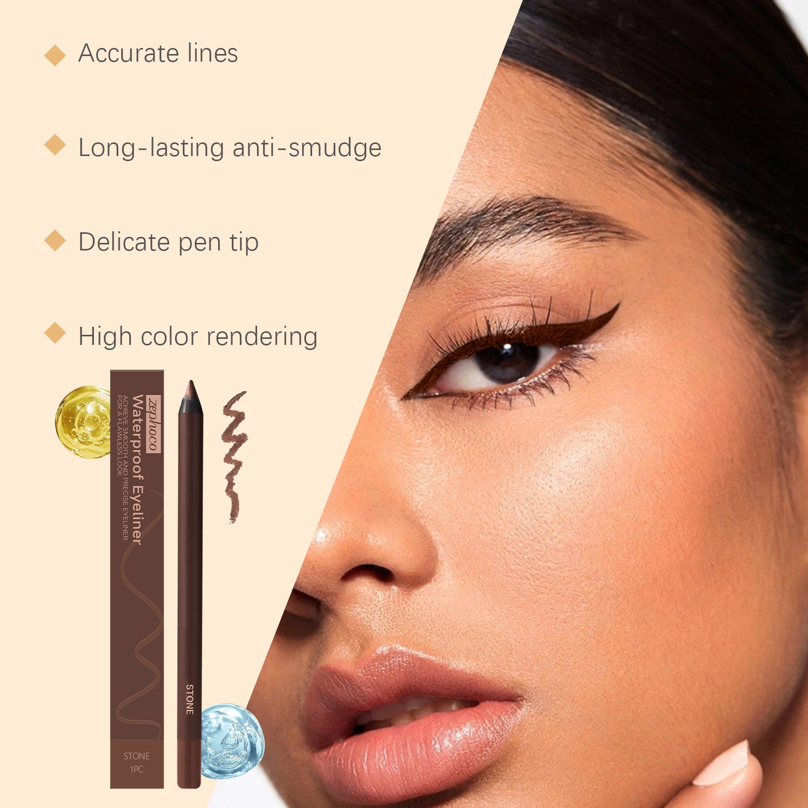 Smooth Waterproof Cream Eyeliner Pencil Stone Brown, Precise Thin Tip Long Lasting Sweat Resistant Natural Eye Liner Makeup