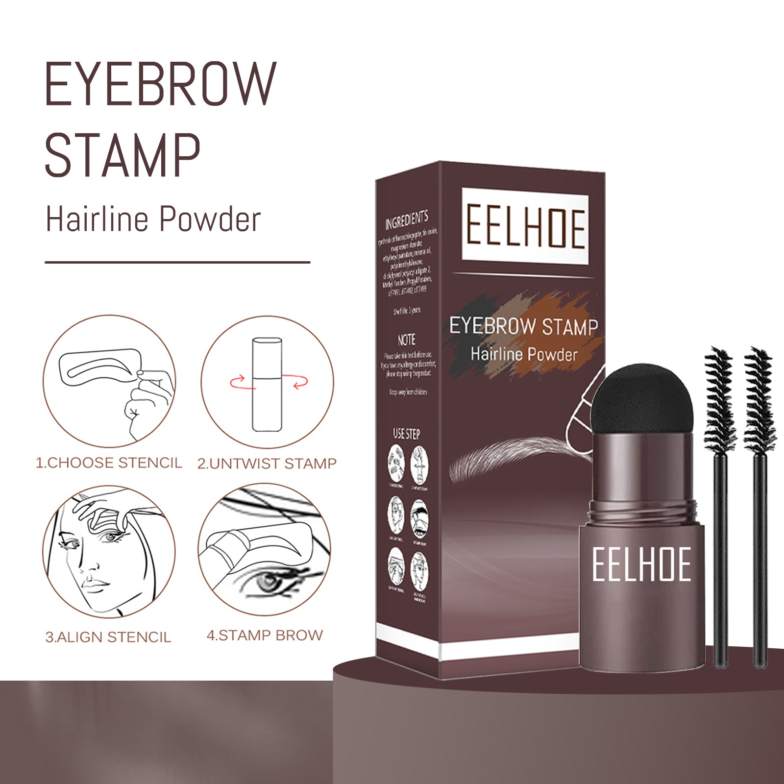 EELHOE Dark Brown One Step Eyebrow Stamp, Waterproof Long Lasting Brow & Hairline Filling Powder, Natural Fluffy Wild Eyebrow Makeup For Sparse Brows