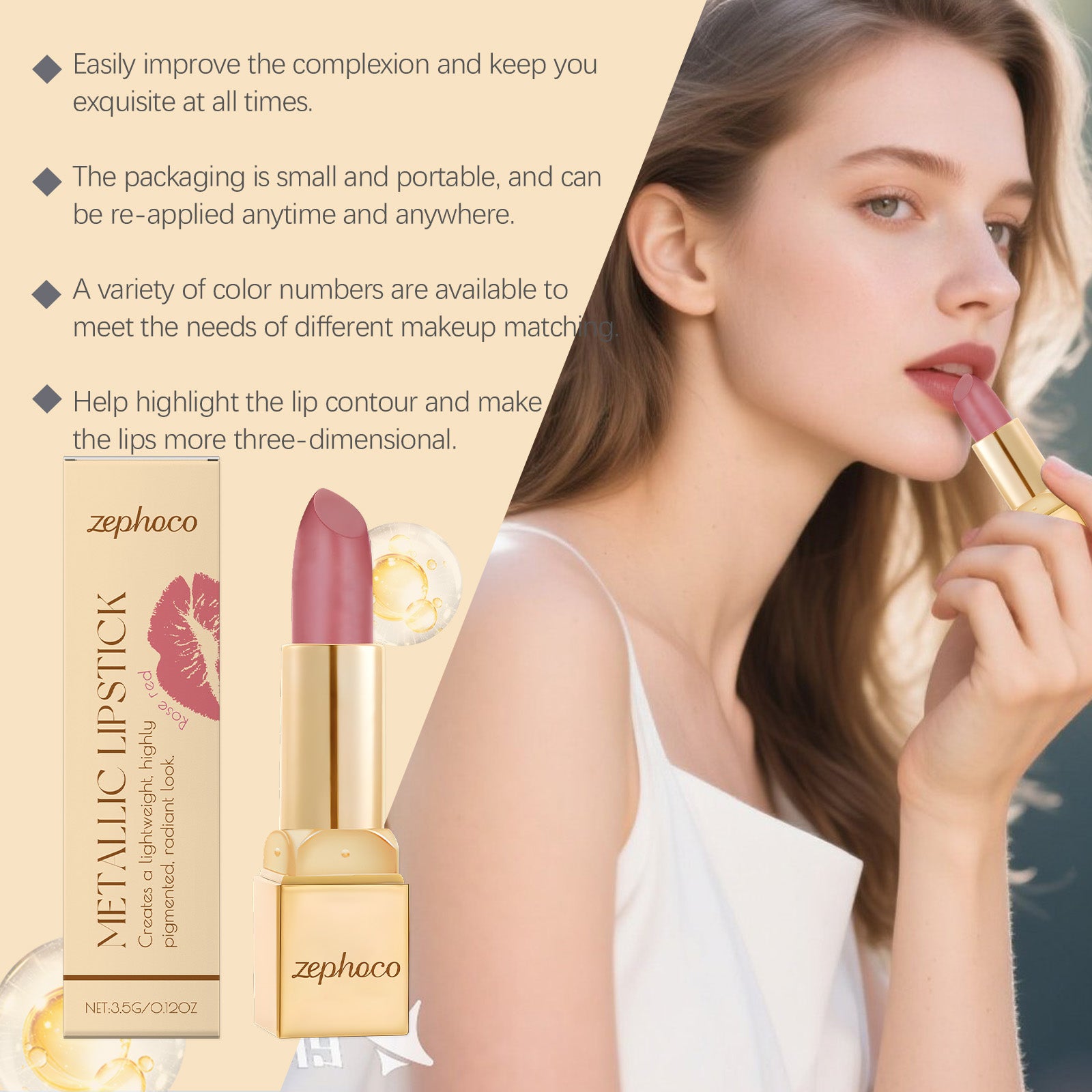Zephoco Metallic Shine Lipstick, High Pigment Smooth Cream Lip Stick Long Lasting Moisturizing Lip Makeup for Daily & Party