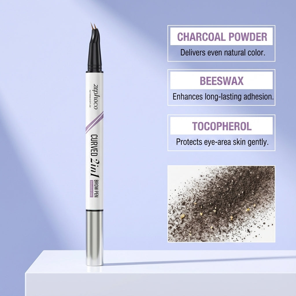 Zephoco Curved 2 In 1 Brow Pen, Dual Tip Micro Eyebrow Pen Waterproof Smudge Proof, Long Lasting Natural Hair-Like Eyebrow Makeup for Beginners