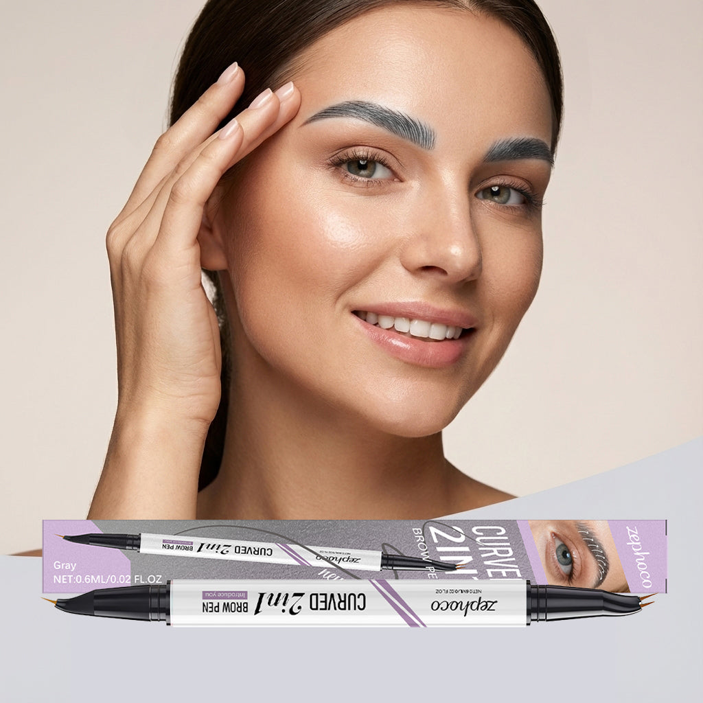 Zephoco Curved 2 In 1 Brow Pen, Dual Tip Micro Eyebrow Pen Waterproof Smudge Proof, Long Lasting Natural Hair-Like Eyebrow Makeup for Beginners