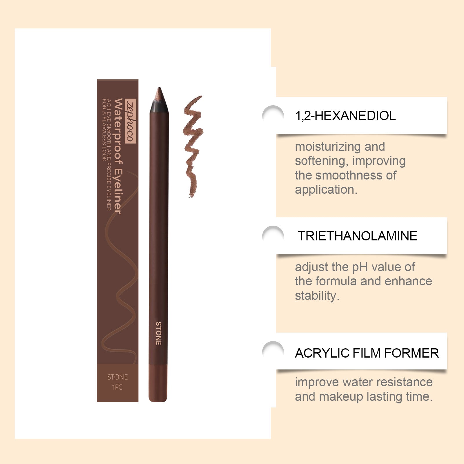 Smooth Waterproof Cream Eyeliner Pencil Stone Brown, Precise Thin Tip Long Lasting Sweat Resistant Natural Eye Liner Makeup