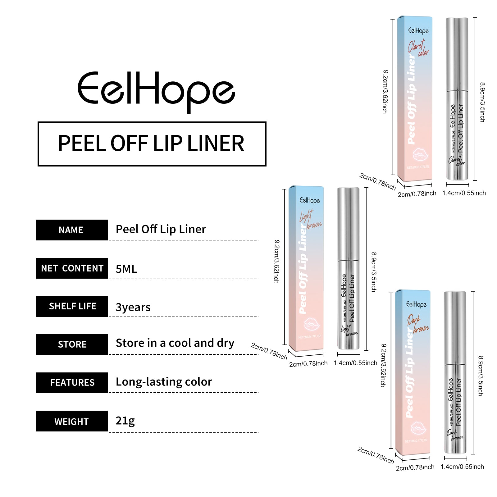 EelHope Peel Off Lip Liner Tattoo Lip Stain, Long Lasting Waterproof Peel Lip Tint, Moisturizing Aloe Lip Makeup, 3 Shades Available