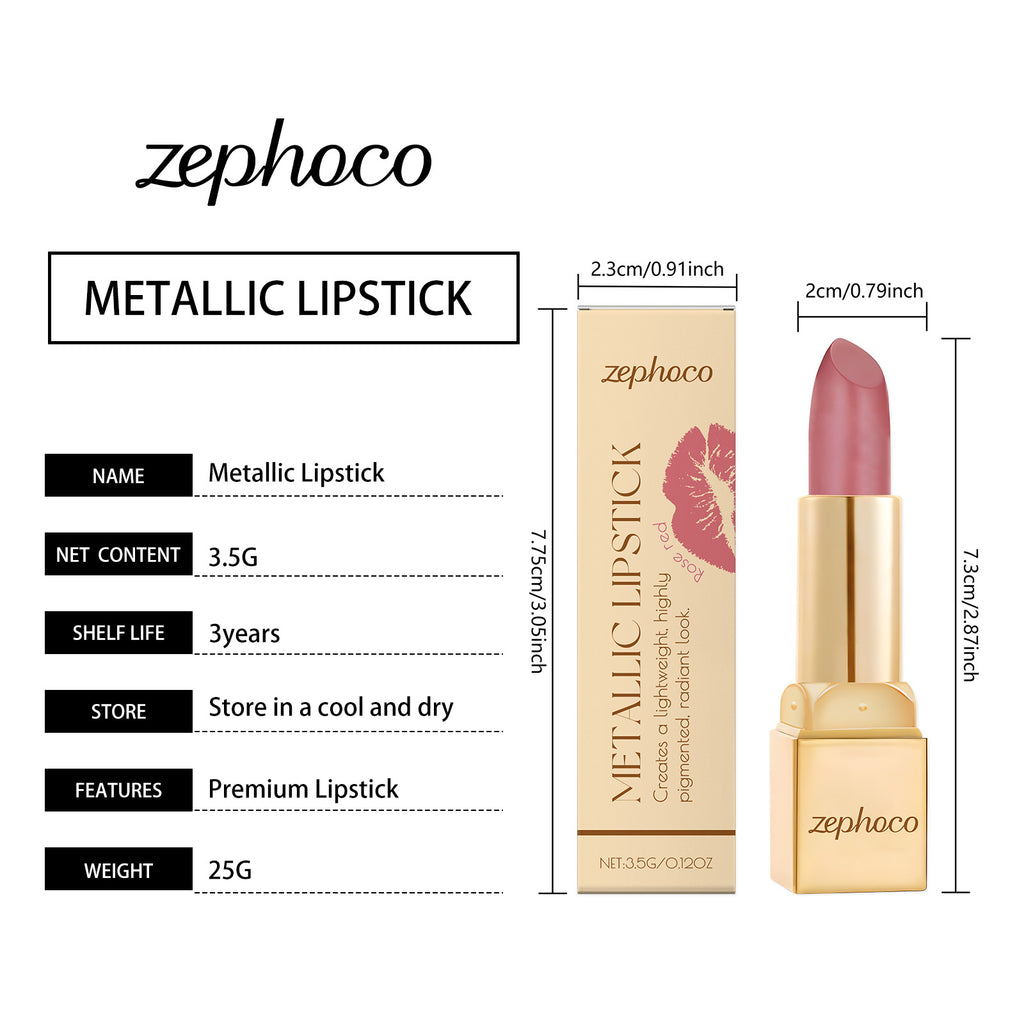 Zephoco Metallic Shine Lipstick, High Pigment Smooth Cream Lip Stick Long Lasting Moisturizing Lip Makeup for Daily & Party