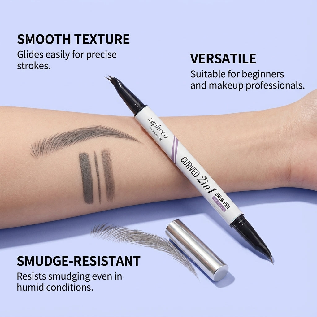 Zephoco Curved 2 In 1 Brow Pen, Dual Tip Micro Eyebrow Pen Waterproof Smudge Proof, Long Lasting Natural Hair-Like Eyebrow Makeup for Beginners