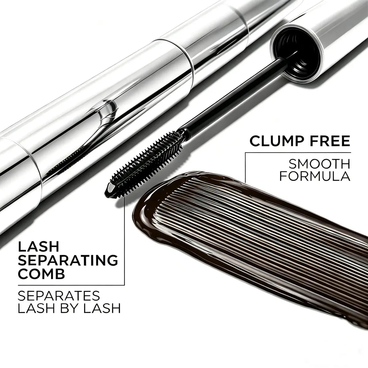 Lengthening Mascara—delivers lengthening, curling, and volumizing effects for fluffy, clump-free lashes; features a lightweight, smudge-proof, and transfer-resistant formula; prevents "spidery" clumps; cruelty-free and paraben-free.