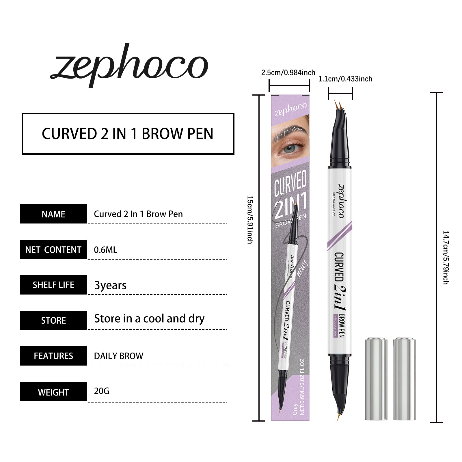 Zephoco Curved 2 In 1 Brow Pen, Dual Tip Micro Eyebrow Pen Waterproof Smudge Proof, Long Lasting Natural Hair-Like Eyebrow Makeup for Beginners