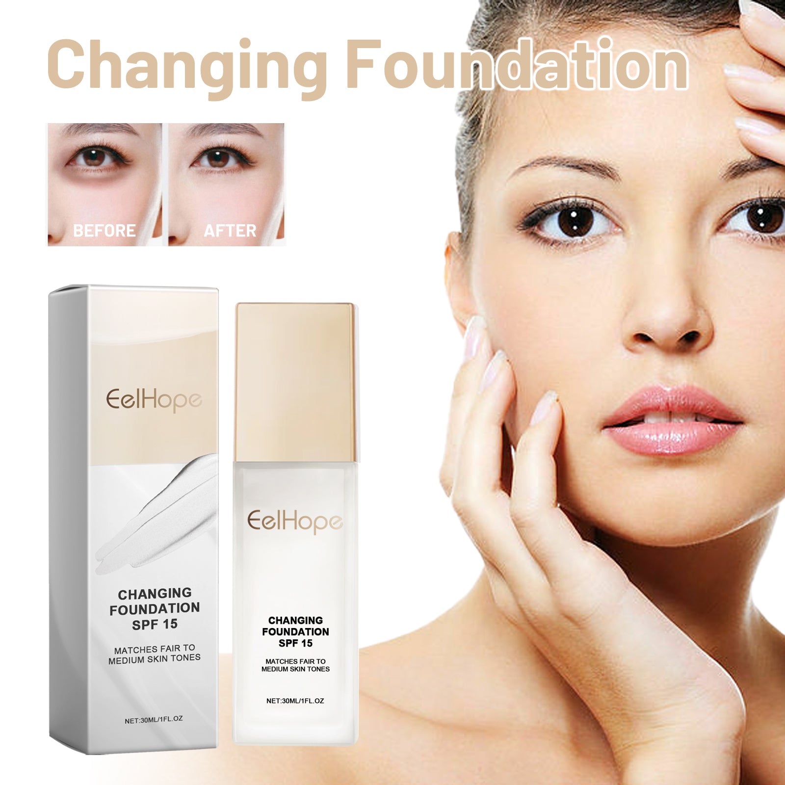 EelHope Color Changing Foundation SPF15, Hydrating Full Coverage Concealer For Dark Circles Acne Spots Freckles, Lightweight Long Lasting Moisturizing Face Makeup